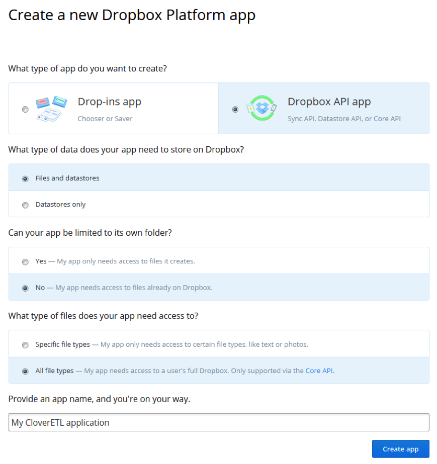 dropbox api key and secret