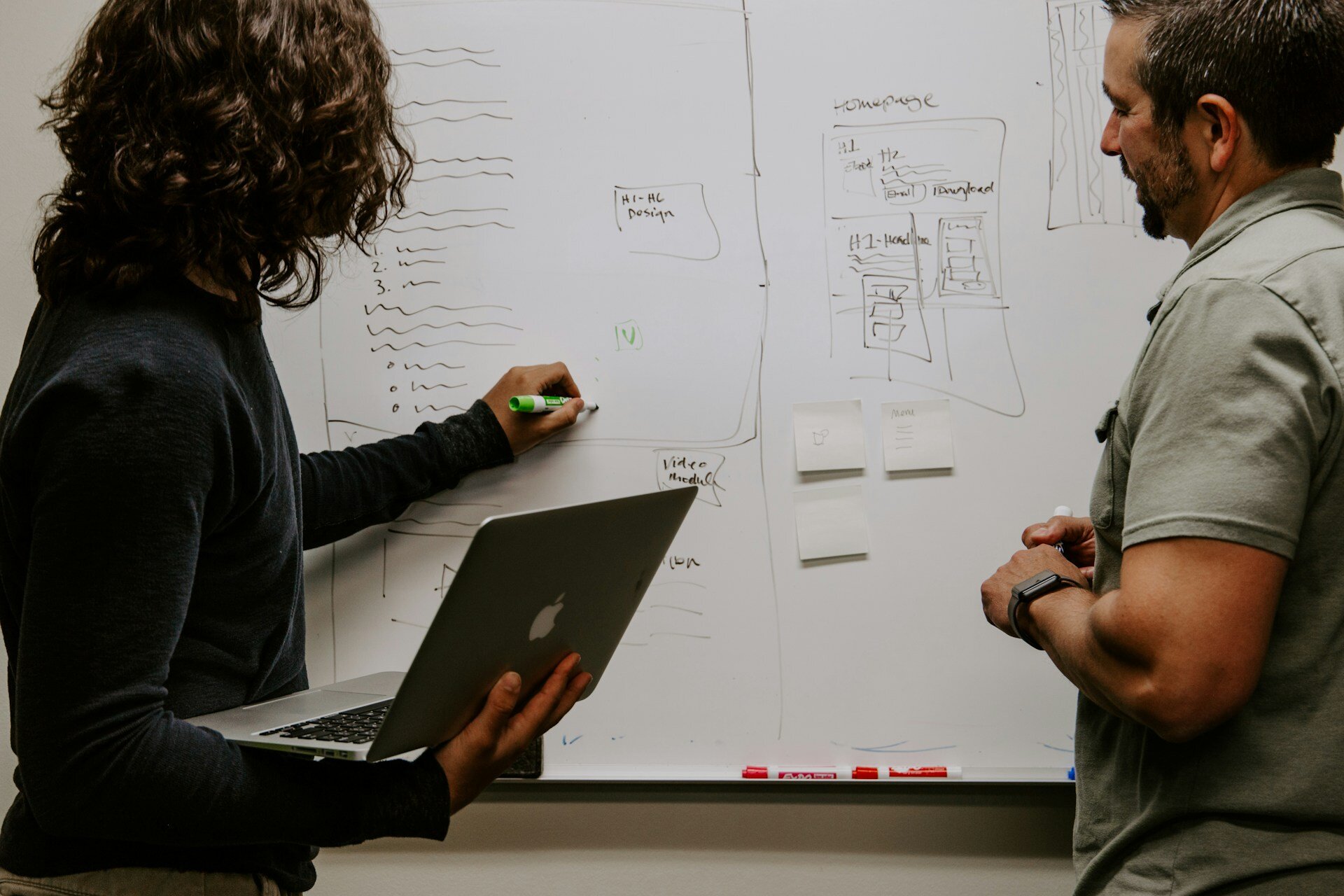 Data engineers mapping out data governance rules on a whiteboard